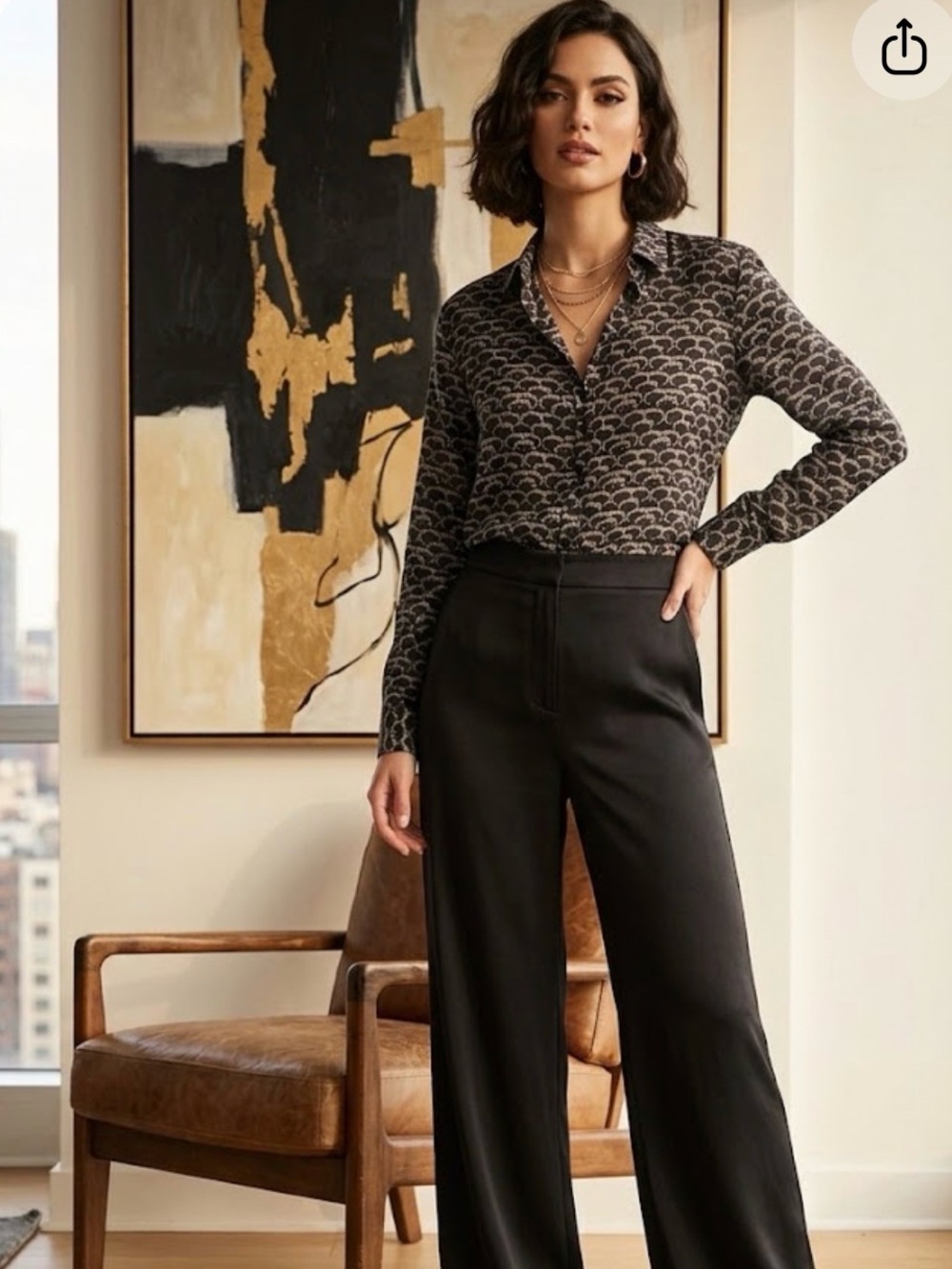 CLASS Roberto Cavalli 100% Silk Abstract Fan Print Button Down Blouse IT 44 US8